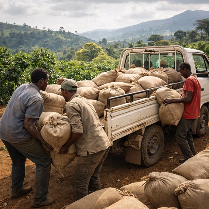 Workers loading coffee sacks onto a truck, showing coffee batch availability at origin