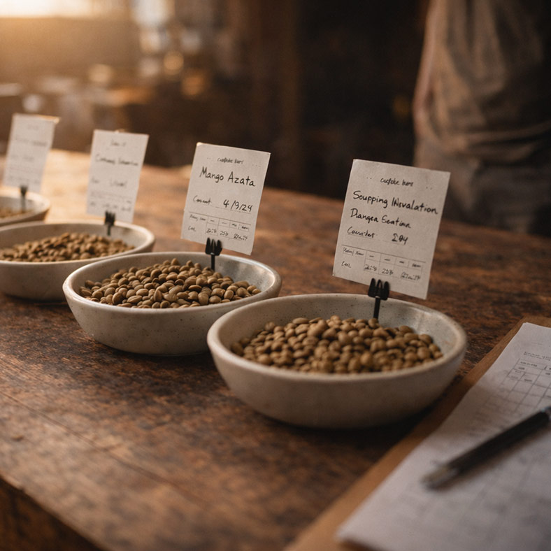 Green coffee sample bowls with origin cards during coffee sourcing evaluation
