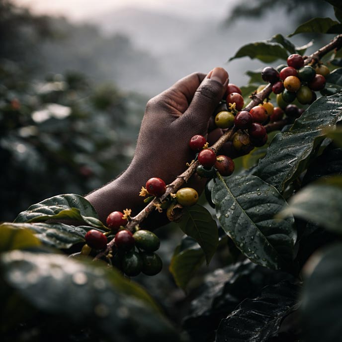 Hand holding ripe coffee cherries on a branch at origin