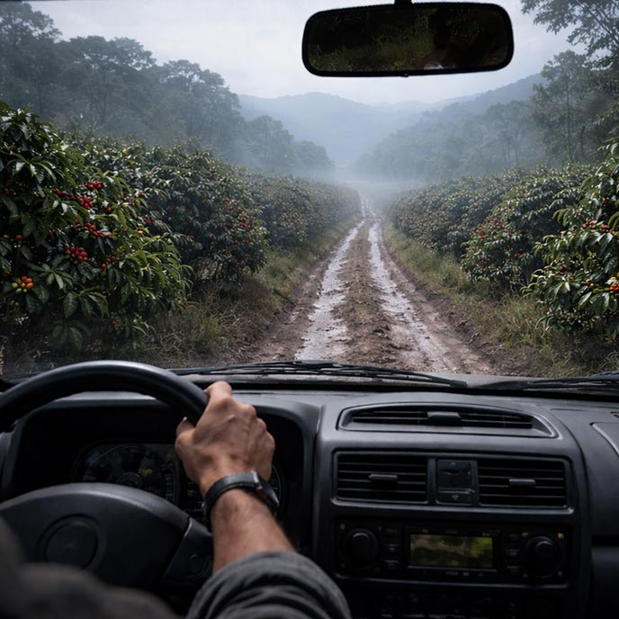 View from inside a vehicle driving along a muddy road in coffee-producing hills