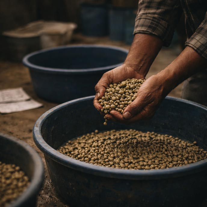 Hands sorting green coffee beans over containers