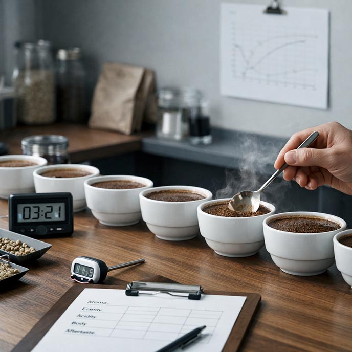 Coffee cupping table with sample bowls, timer, and selection notes during WAYFARER evaluation explan  coffee selection criteria