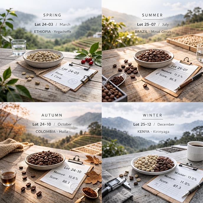 Four seasonal coffee lot selection images showing spring, summer, autumn, and winter selection windows