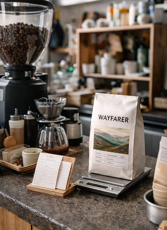 Coffee bag, grinder, and brew setup showing specialty coffee collaboration in practice