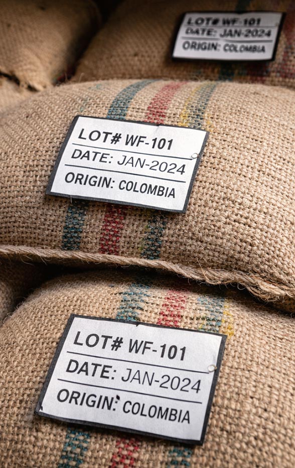 Labeled coffee lot sacks prepared for sourcing and café use