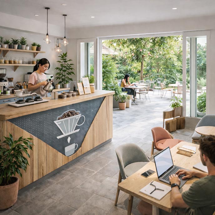 Independent café interior and counter, representing a café sourcing partnership in daily operation