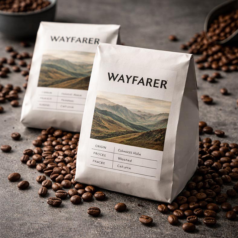 WAYFARER coffee sample bags displayed on roasted coffee beans for cafés requesting samples