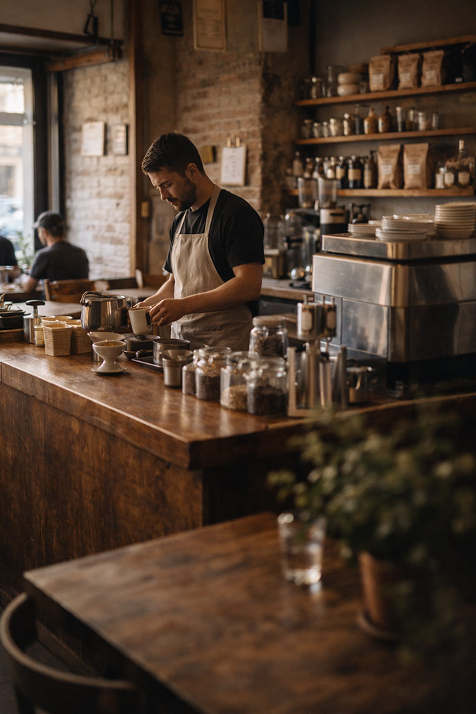 Barista working in an independent café, showing sourcing for cafés in practice