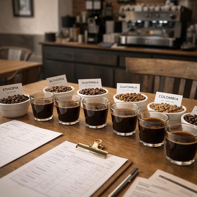 Coffee cupping glasses, sample bowls, and notes on a café table during sourcing evaluation and availability discussion