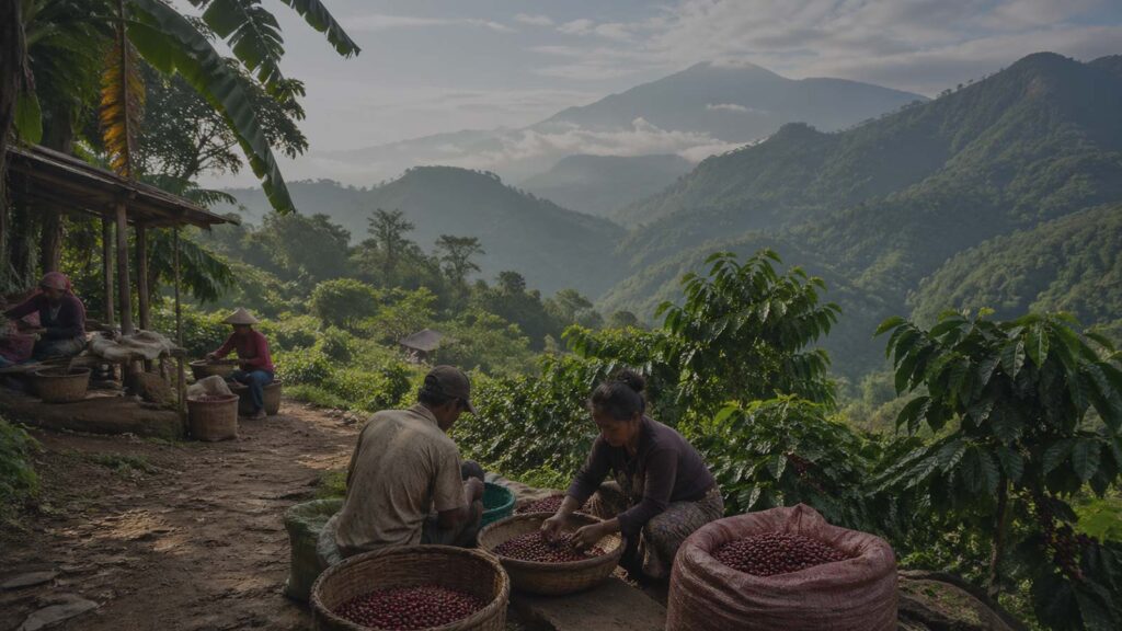 Asia-Pacific coffee origin with workers sorting red coffee cherries in a lush tropical mountain valley