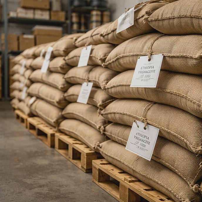 Stacked coffee sacks with lot labels in storage, showing available coffee batches