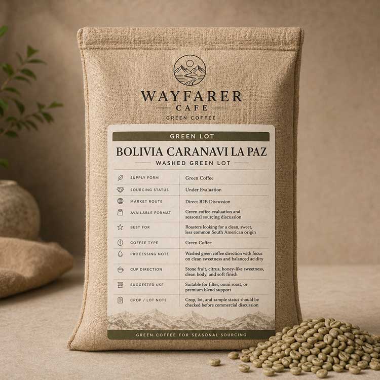 Wayfarer Cafe Bolivia Caranavi La Paz Washed Green Lot jute sack with green coffee beans.