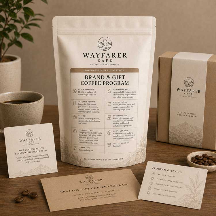Wayfarer Cafe Brand Coffee Gift Program pouch with gift box, partner cards, and branded coffee materials.