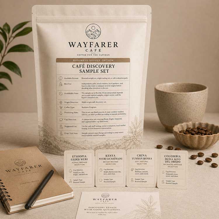 Wayfarer Discovery Café Coffee Sample Set with roasted coffee pouch, origin cards, and cupping notes.