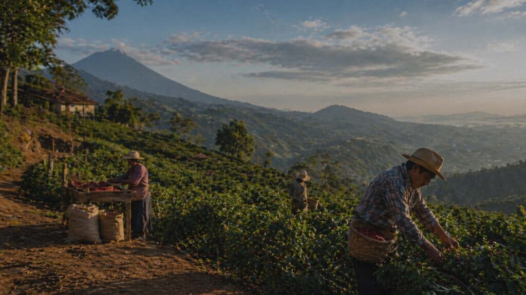 Central America coffee origin with farmers harvesting coffee cherries on a mountain farm near volcanic highlands