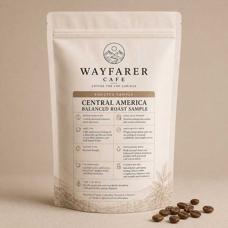 Wayfarer Cafe Central America Balanced Roast Coffee Sample pouch.