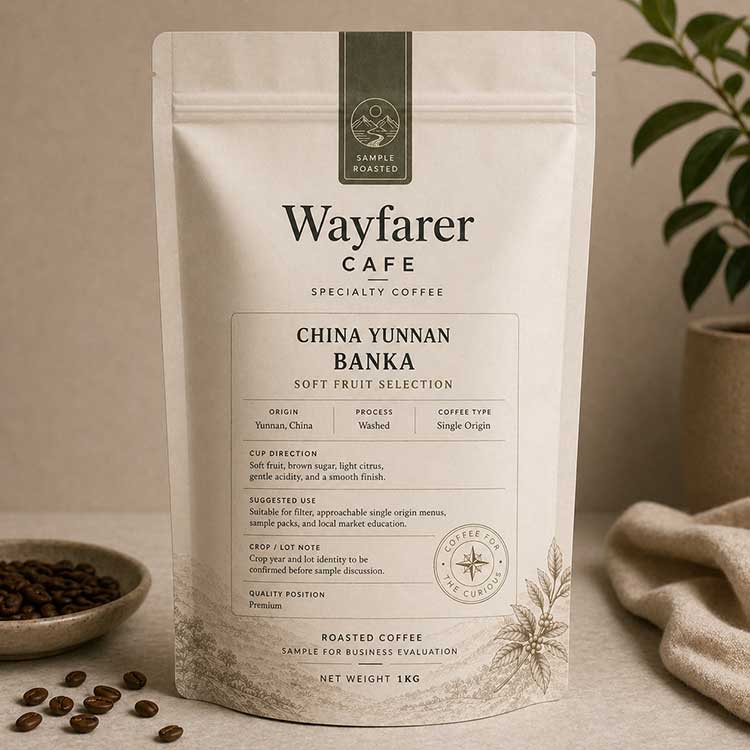 Wayfarer Cafe China Yunnan Coffee-Banka Soft Fruit Selection roasted sample pouch.