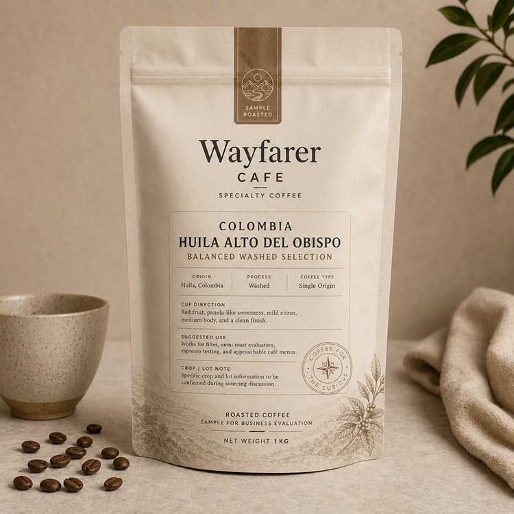 Wayfarer Cafe Colombia Huila Coffee Alto del Obispo Balanced Washed Selection roasted sample pouch.