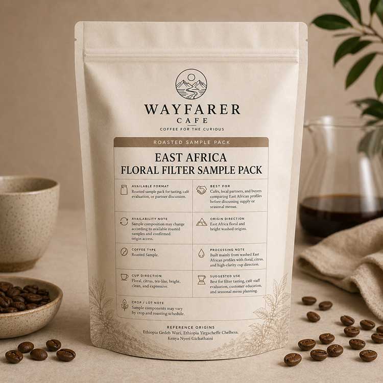 Wayfarer Cafe East Africa Coffee Sample Pack Floral Filter roasted coffee pouch with filter coffee setup.