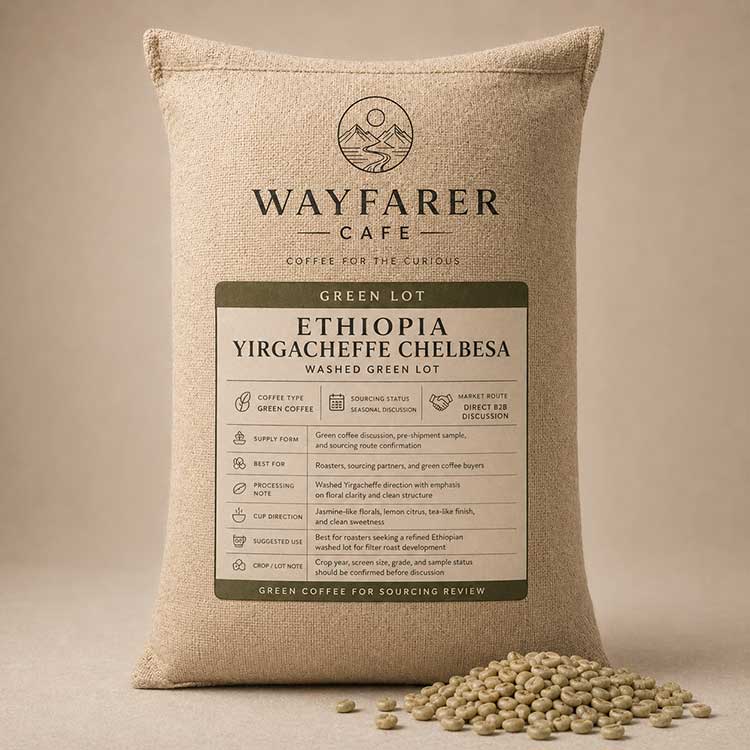 Wayfarer Cafe Ethiopia Yirgacheffe Chelbesa Washed Green Lot jute sack with green coffee beans.