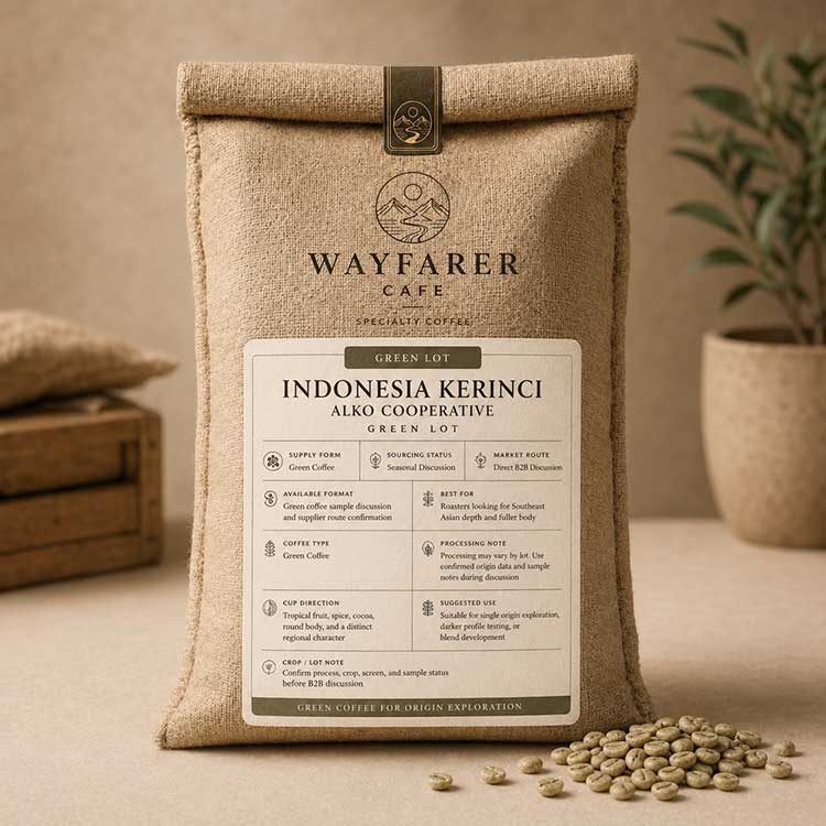Wayfarer Cafe Indonesia coffee from Kerinci ALKO Cooperative Green Lot jute sack with green coffee beans.