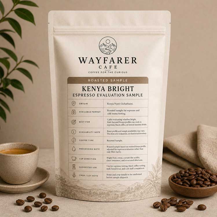 Wayfarer Cafe Kenya Espresso Sample Evaluation Bright roasted coffee pouch with espresso tasting setup.