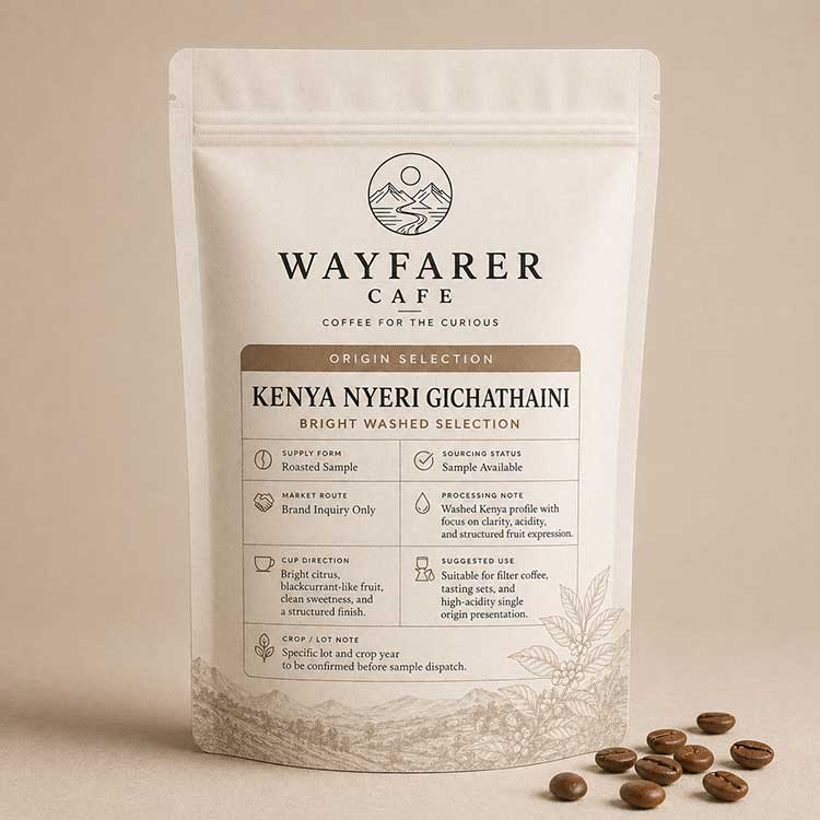 Wayfarer Cafe Kenya Nyeri Gichathaini Bright Washed Selection roasted sample pouch.