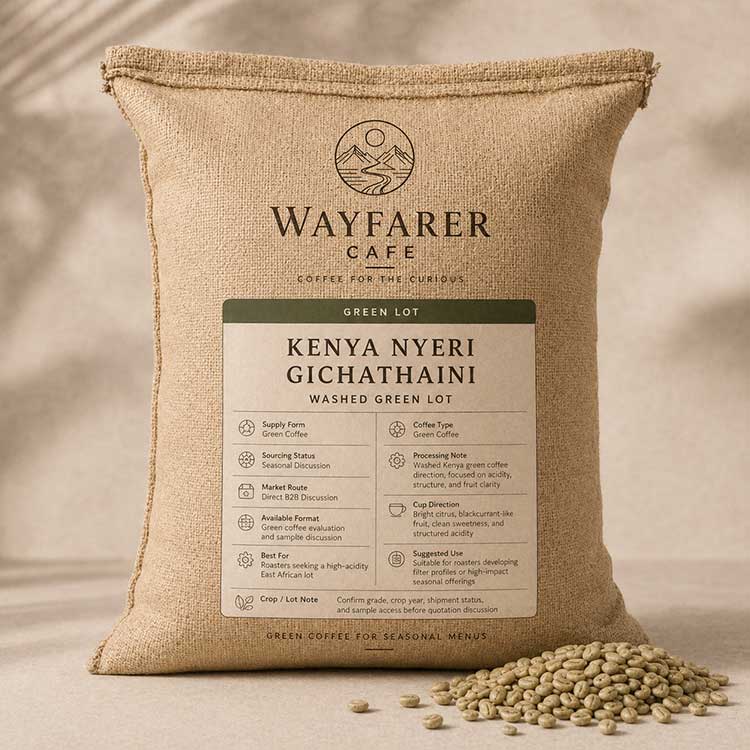 Wayfarer Cafe Kenya Nyeri Gichathaini Green Lot Washed jute sack with green coffee beans.