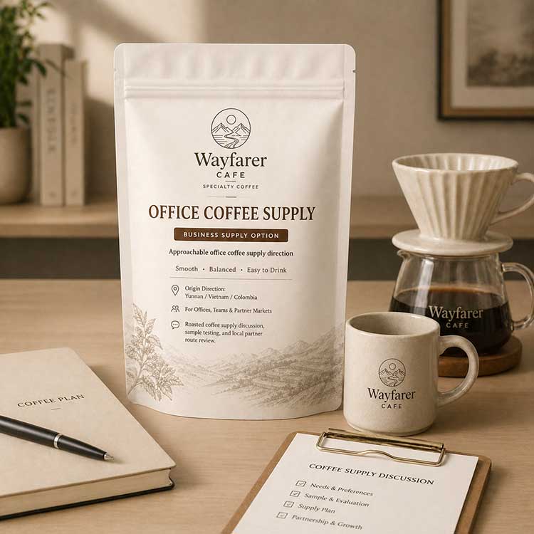 Wayfarer Cafe Office Coffee Supply business program pouch with office coffee brewing setup.
