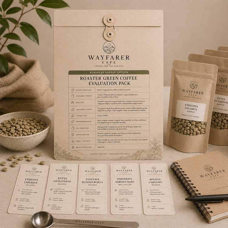 Wayfarer Cafe Roaster Green Coffee Evaluation Pack with green coffee samples, origin cards, cupping spoon, and notebook.