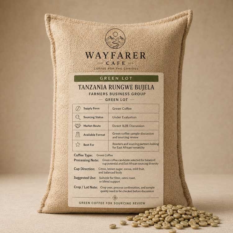 Wayfarer Cafe Tanzania Green Coffee from Rungwe Bujela Farmers Business Group Green Lot jute sack with green coffee beans.