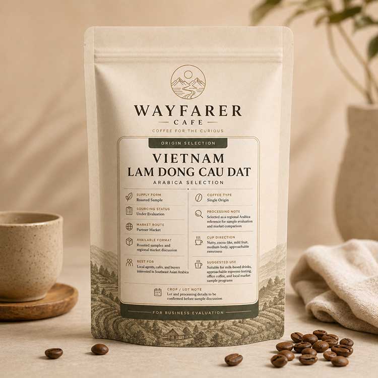 Wayfarer Cafe Vietnam Arabica coffee Lam Dong Cau Dat Arabica Selection roasted sample pouch.