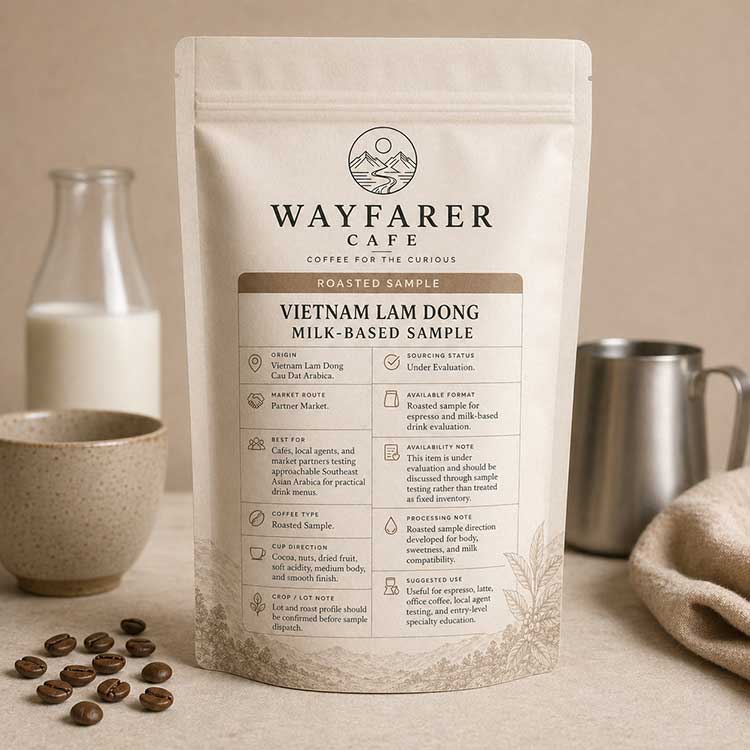 Wayfarer Cafe Vietnam Lam Dong Roasted Milk Based Coffee Sample pouch with milk coffee setup.