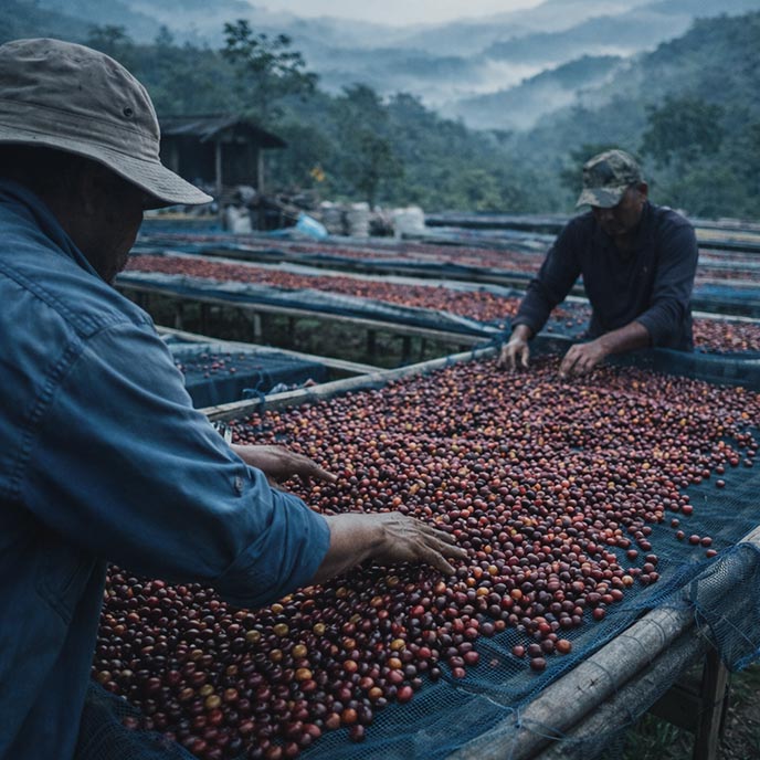 Workers sorting and drying coffee cherries at origin for a sourcing-led coffee project about Wayfarer Cafe
