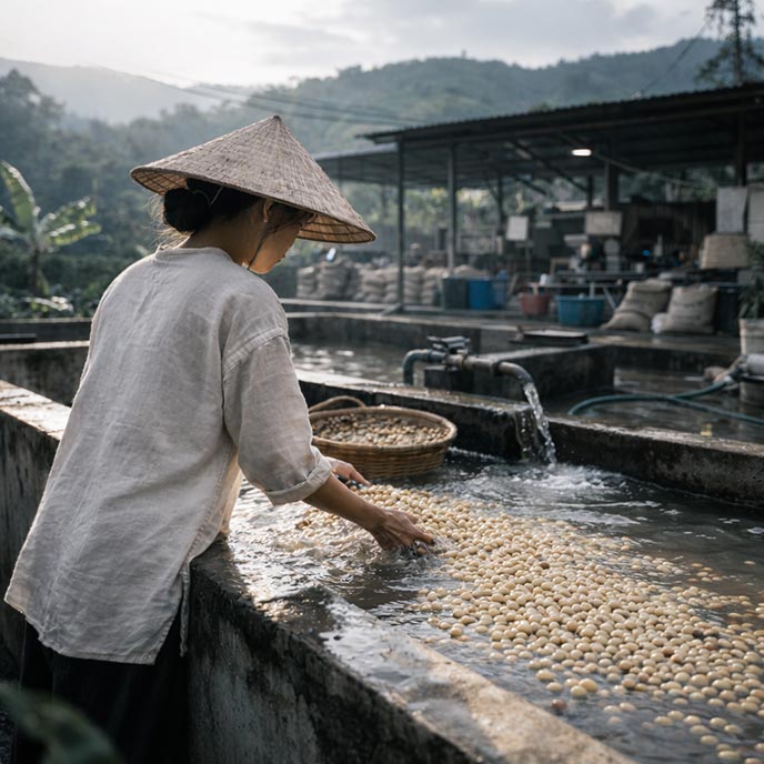 Worker handling coffee beans at a washing and drying station for a coffee sourcing brand