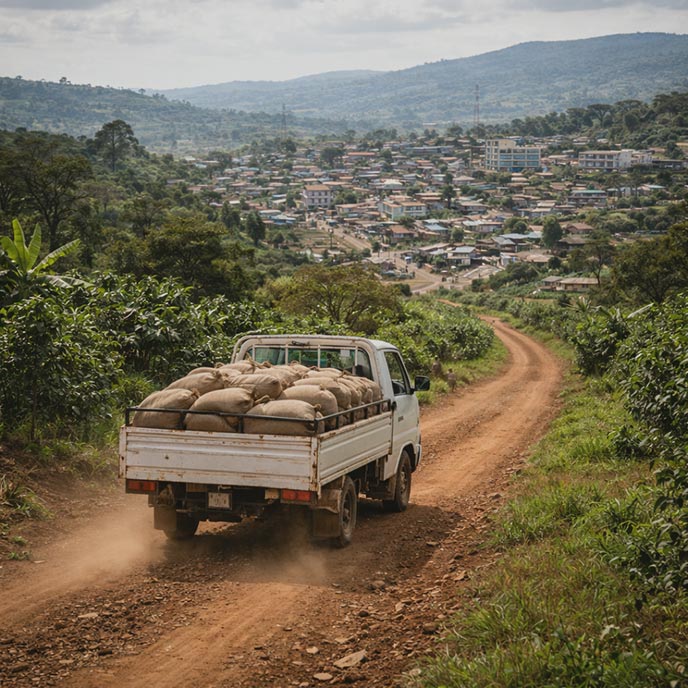 Pickup truck driving on a dirt road through a coffee-growing hillside town