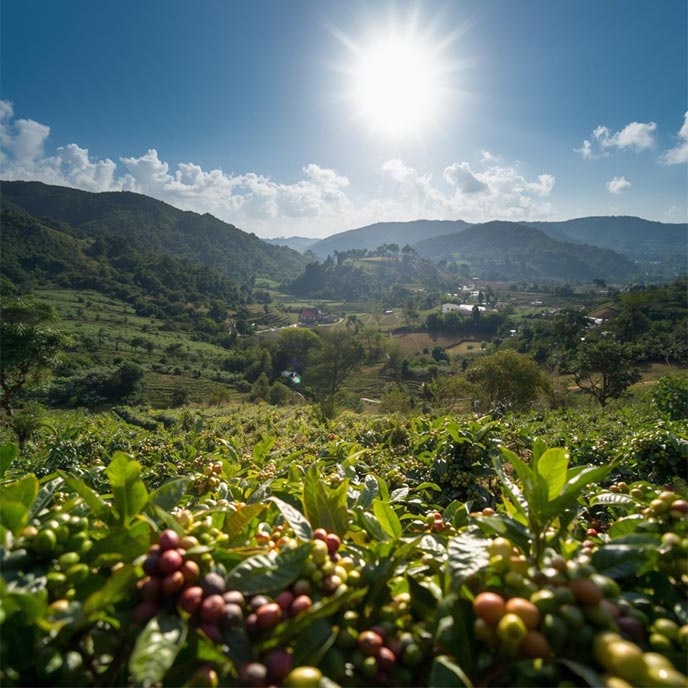 Coffee plants and mountain landscape reflecting a specialty coffee supply chain brand