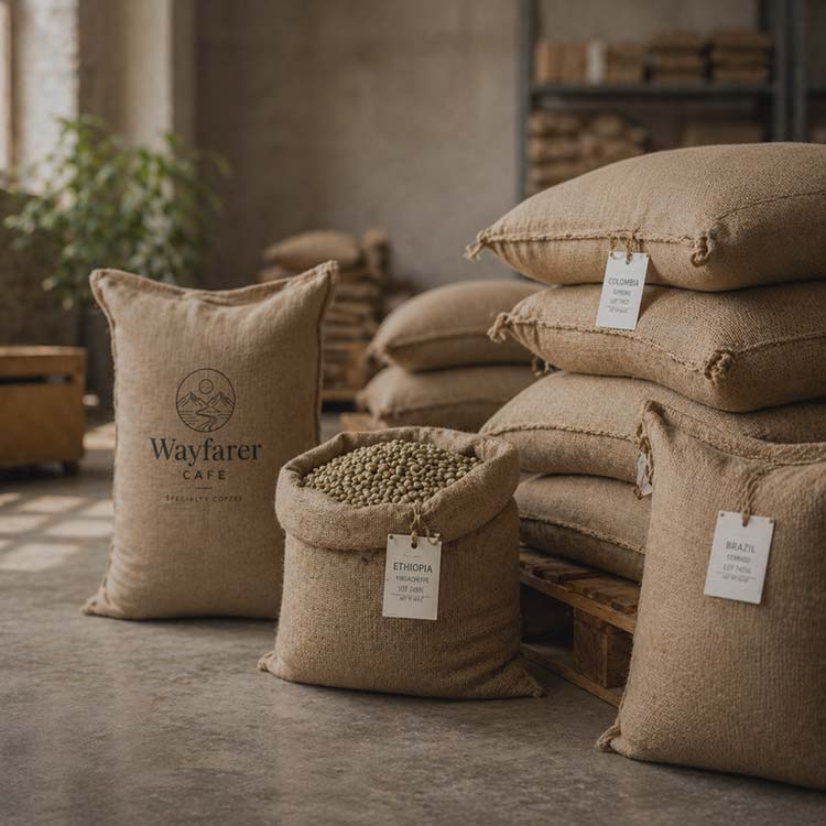Wayfarer Cafe B2B coffee supply catalogue with green coffee sacks and origin-based wholesale sourcing presentation