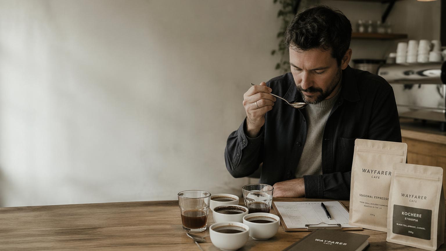 Coffee sourcing for cafés with a buyer evaluating brewed coffee samples at a table
