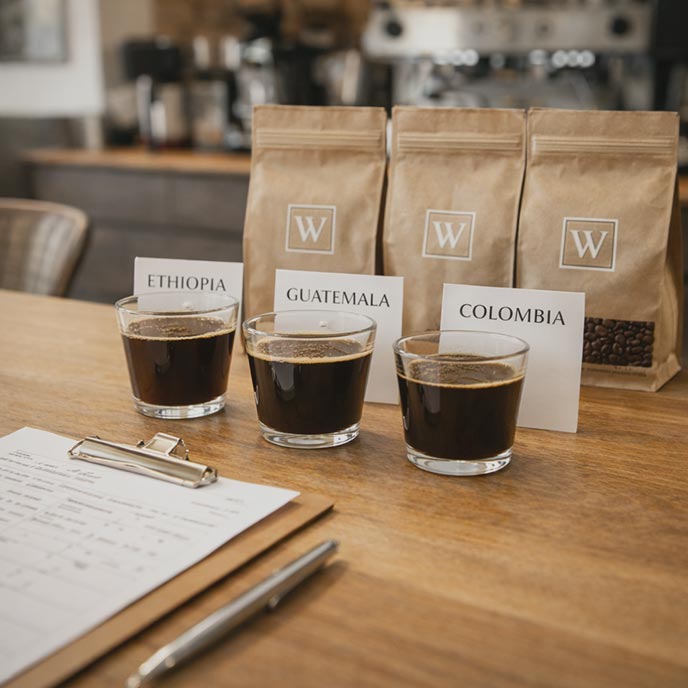 Coffee bags and brewed samples on a table, showing flexible coffee supply for cafés