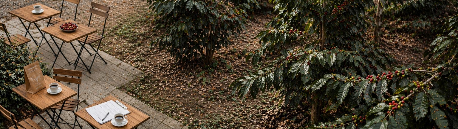 Coffee farm landscape with outdoor tables, reflecting coffee collaboration for cafés at origin