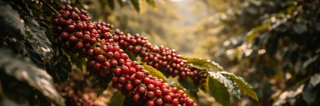 Ripe coffee cherries on branches in a coffee farm for independent café sourcing