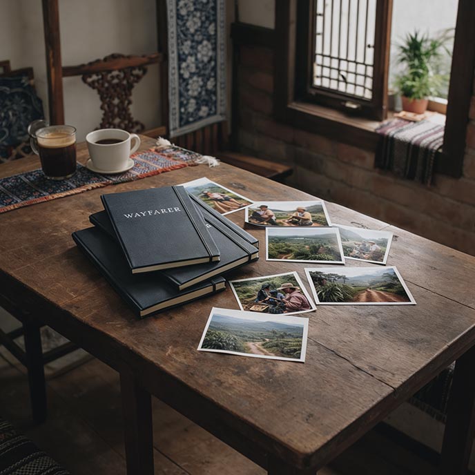 Wayfarer Cafe journal notebooks and field record table