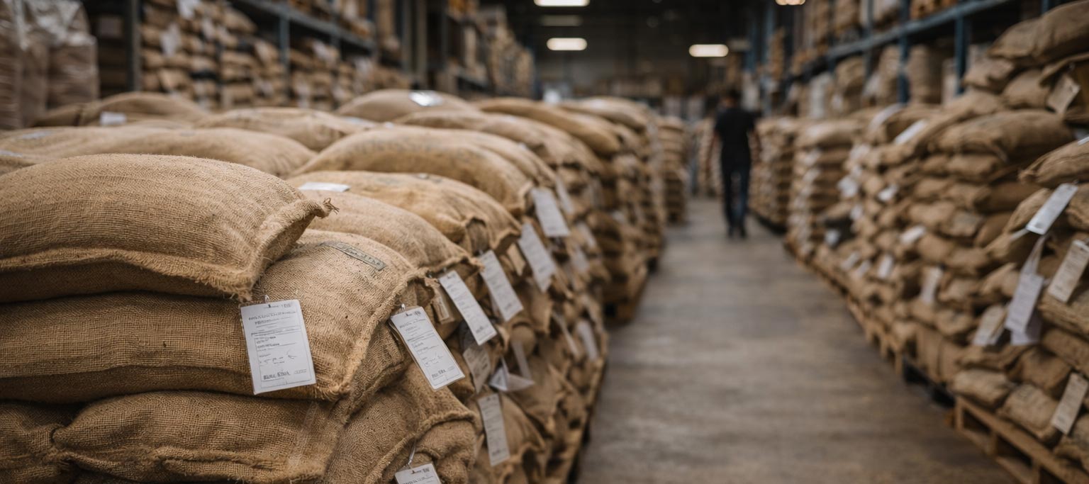 Coffee partnership's warehouse aisle with stacked coffee sacks, representing global coffee collaboration and supply movement