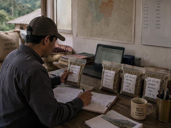 Person reviewing sourcing documents at a table, representing an origin-side coffee sourcing partner