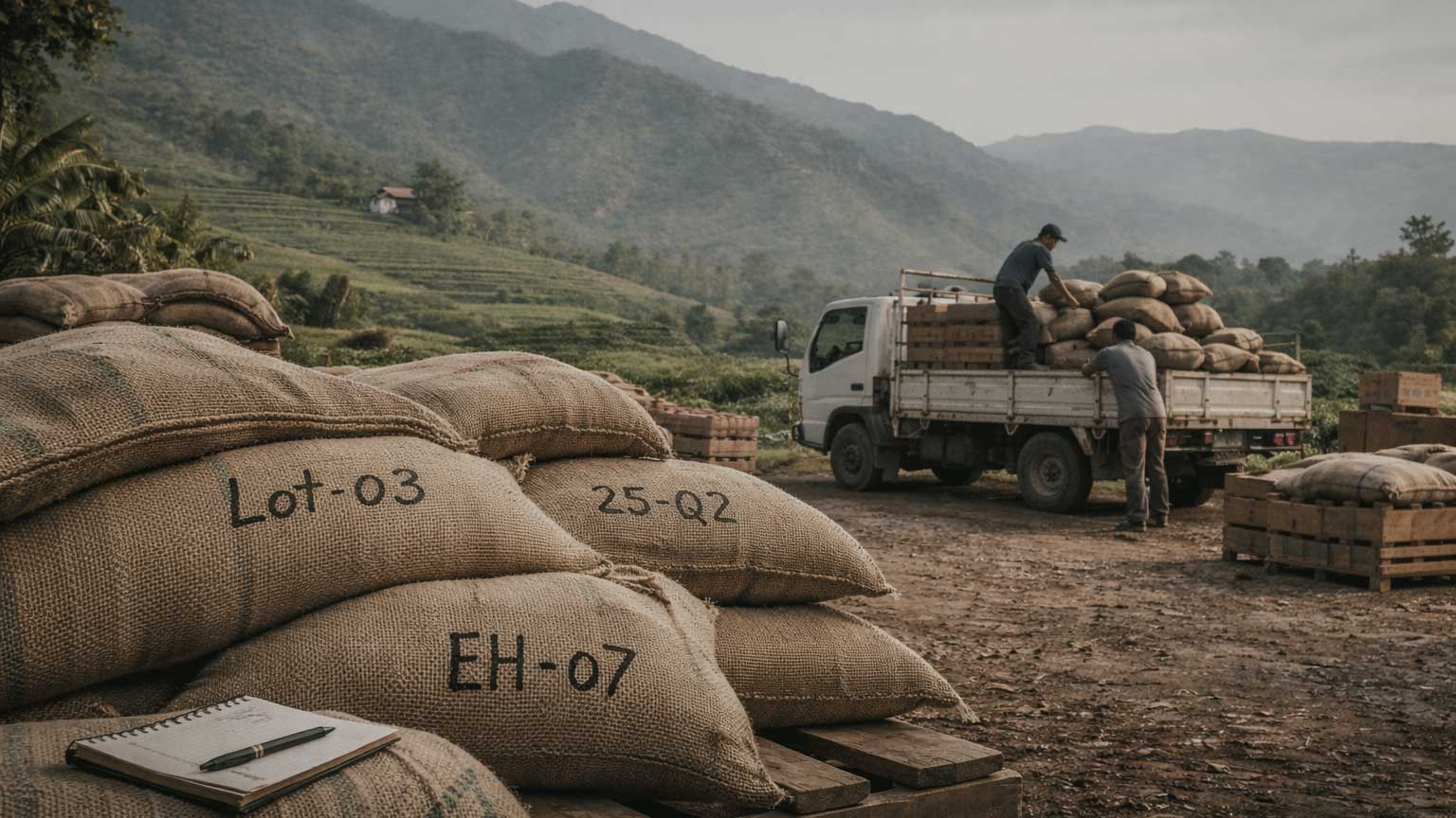 Coffee sourcing at origin with workers loading coffee sacks onto a truck in a mountain producing region