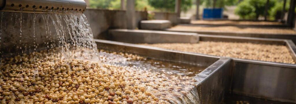 Coffee cherries moving through water at a processing site during specialty coffee sourcing